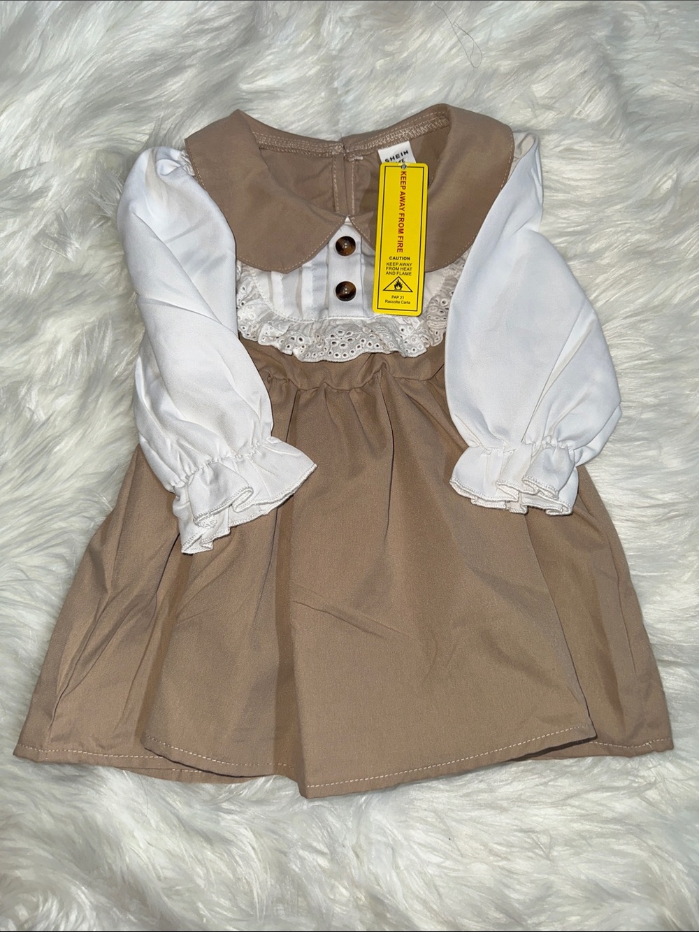 SHEIN Cream and Tan Peter-Collar Lace Yoke Dress